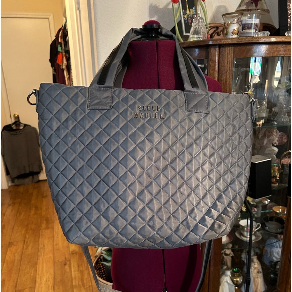 Steve Madden Gray Large Quilted Tote Bag With Adjustable Strap